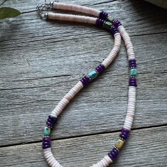 Southwestern Sterling Silver Pink Conch Multi Stone Bead Necklace. 18 Inch - Picture 12 of 12